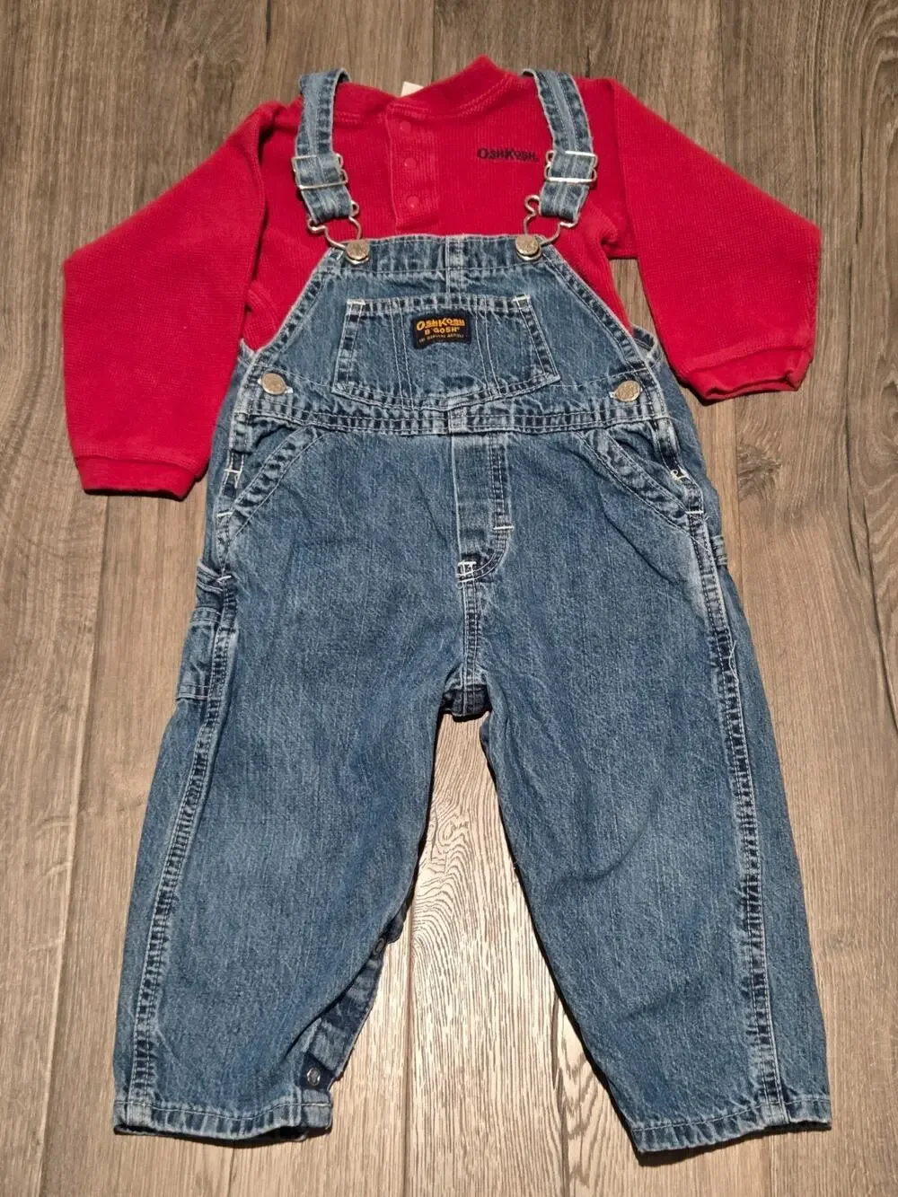 Vintage Y2K Osh Kosh B'Gosh Denim Overalls and Red Theral Shirt Size 24M